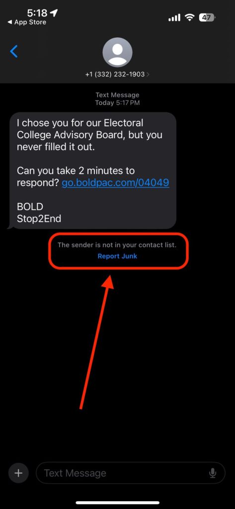 Screenshot of a smishing text message pretending to be a bank fraud alert